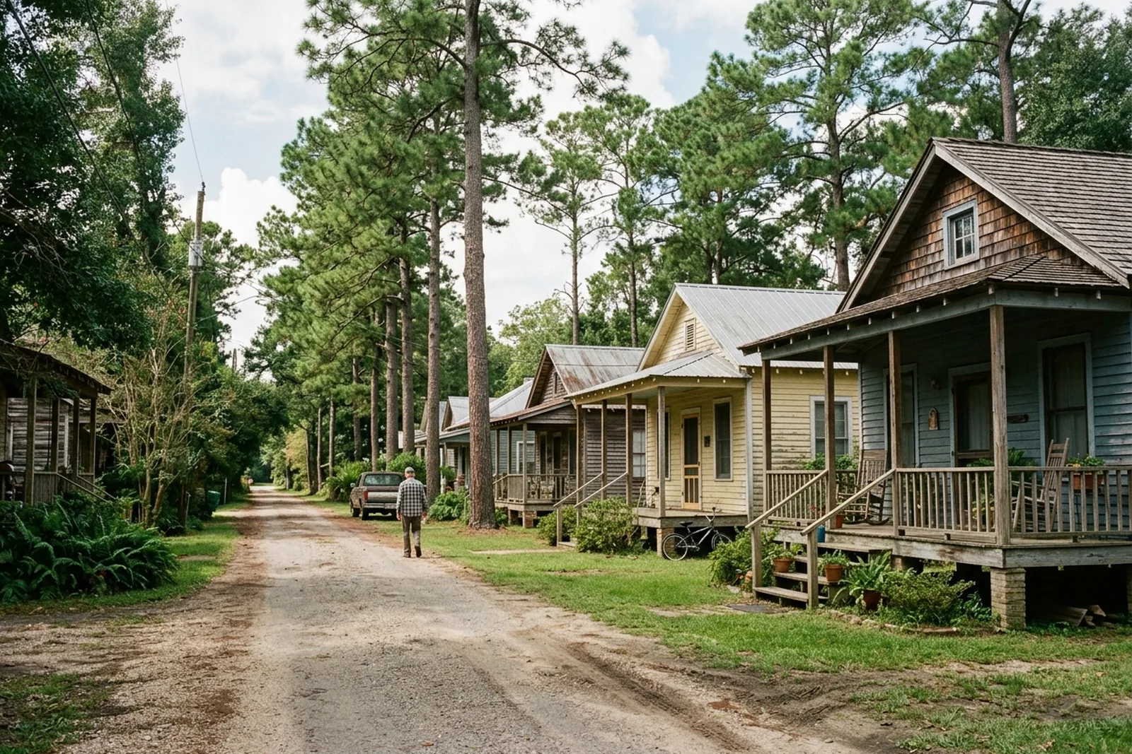 Pier-and-beam cottages under tall pines