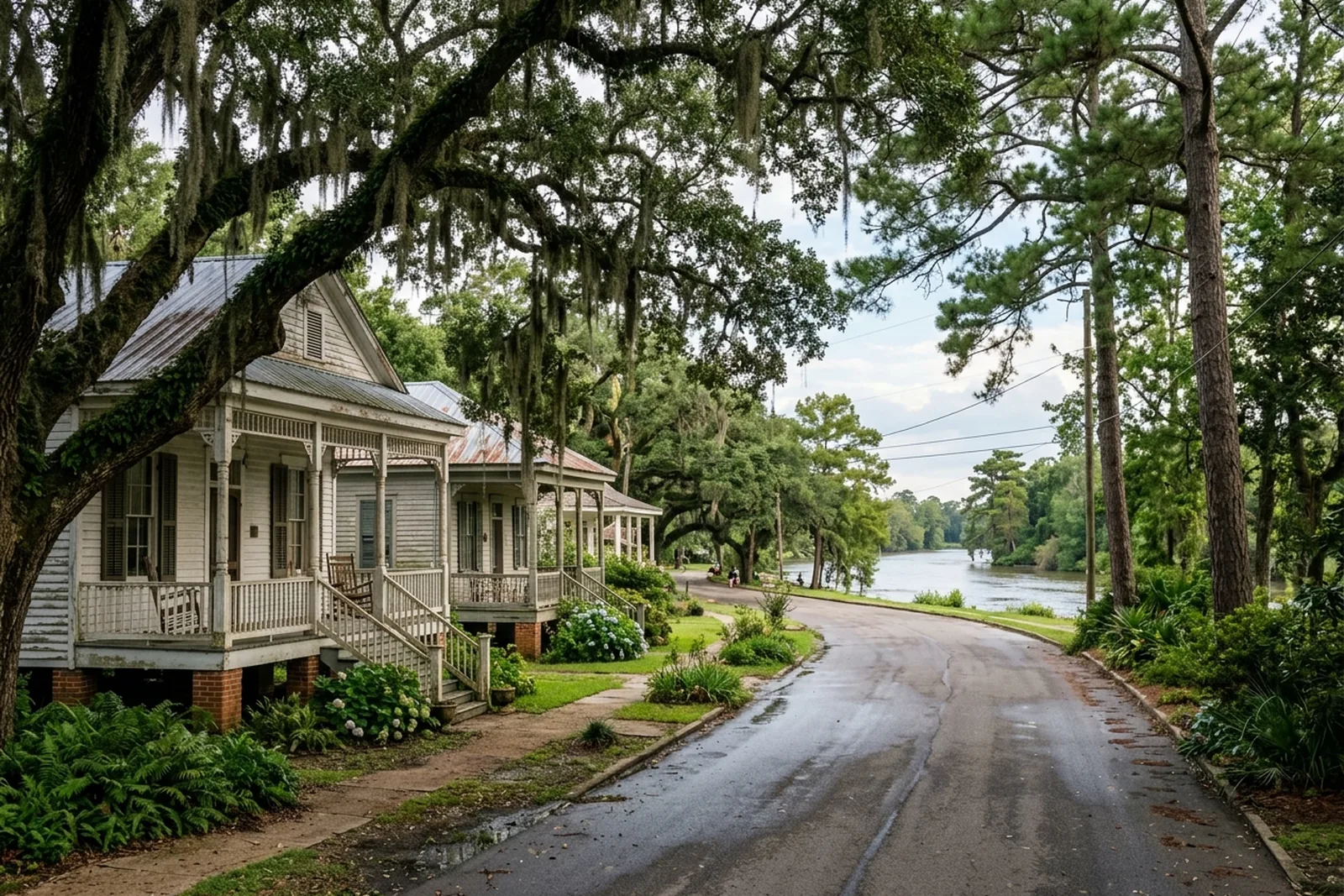 Older raised homes on a tree-shaded street near a river