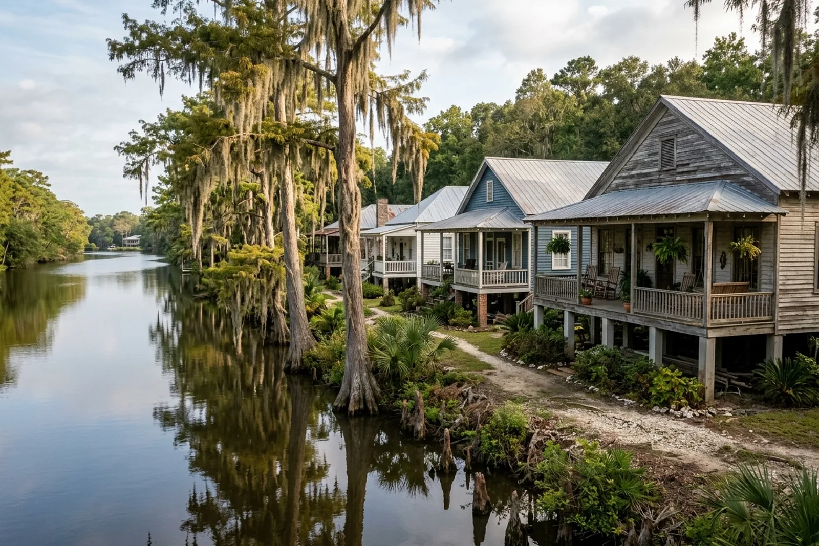 Raised homes with porches near a calm Louisiana river