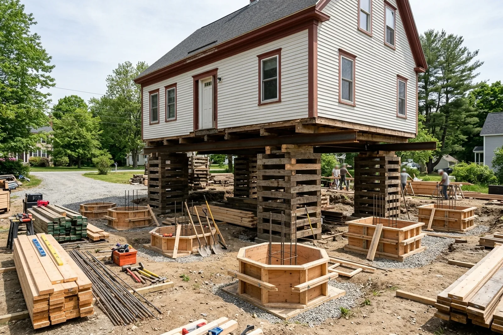 House on cribbing while new piers are built