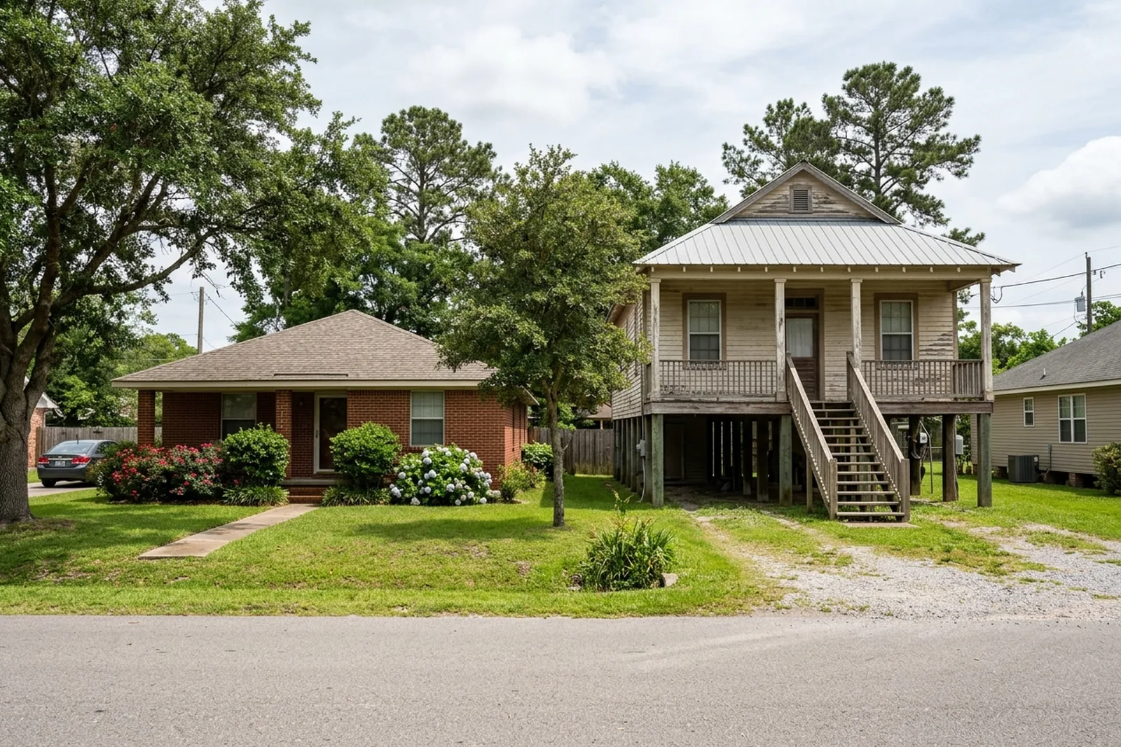 Slab home next to a raised pier-and-beam home