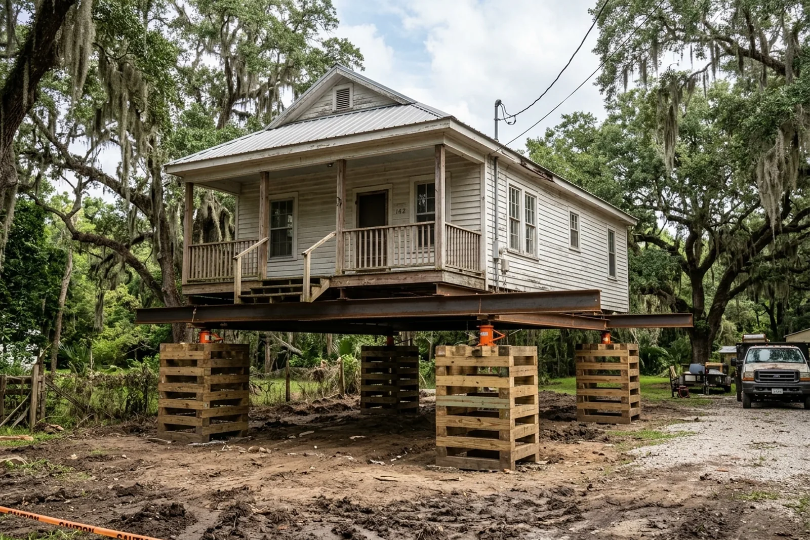 House lifted on steel beams and timber cribbing during a house raising